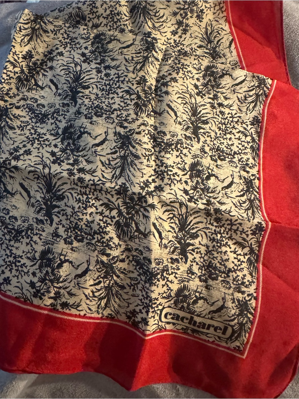 Cacharel Floral Print Silk Scarf with Red Border